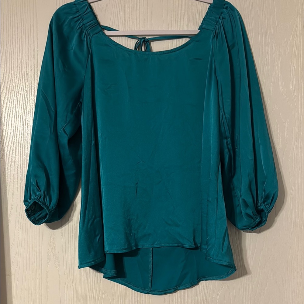 She + Sky Green and Blue Puff Sleeve Blouse with Tie Front and 3/4 Sleeves